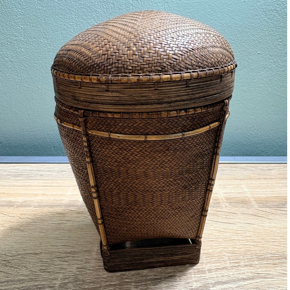 Vintage Woven Asian Bamboo Rice Basket with Lid Tapered Decorative Brown 6 Inch